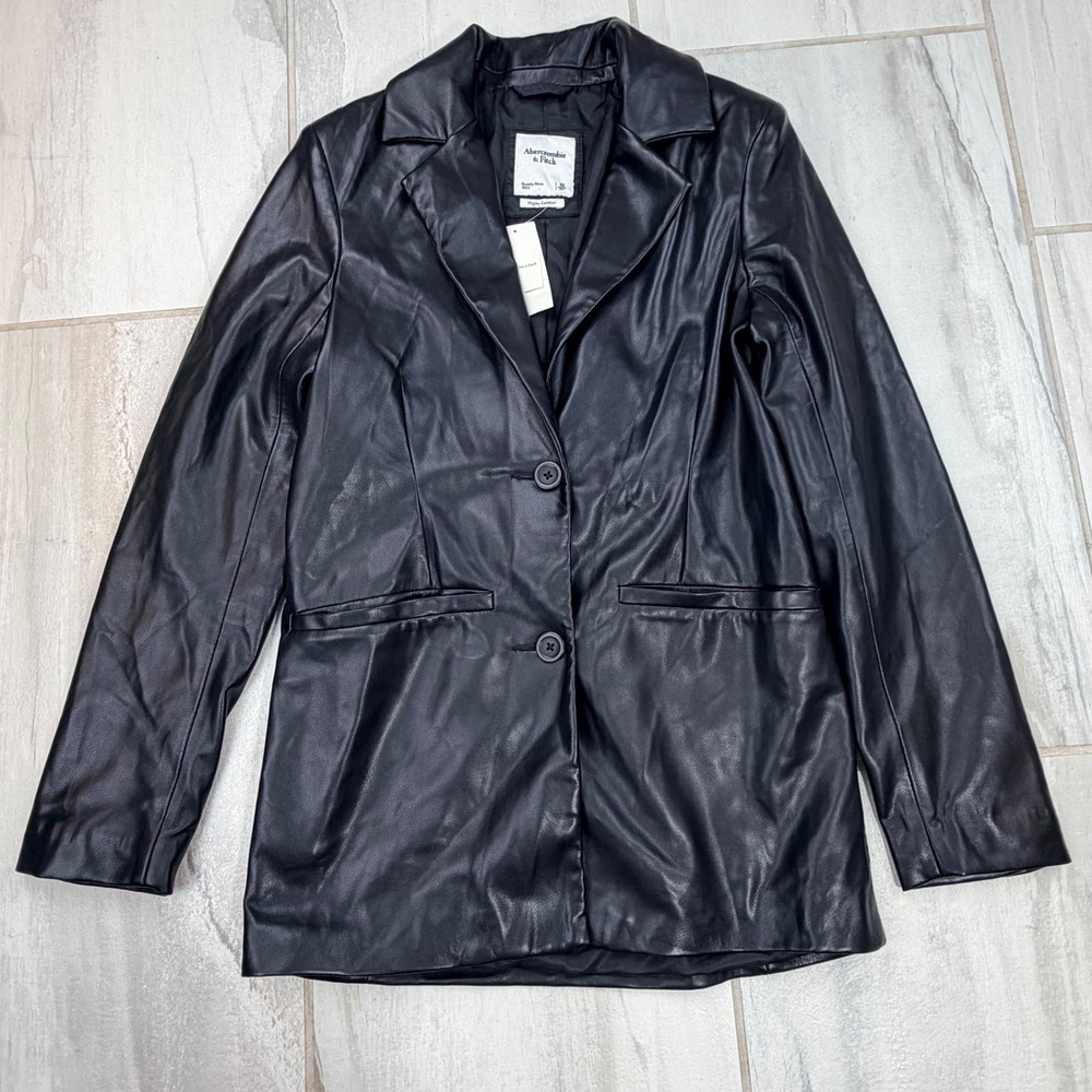 Abercrombie & Fitch Black Vegan Leather Blazer Lined Two Button Jacket XS NWT